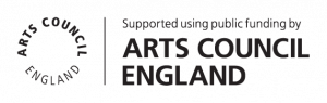 To the right of the image reads ‘Supported using public funding by arts council England’ in black sans serif font. Then to the left of the image reads ‘Arts council england’ which loops round in a circle in black sans serif font.