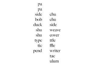 Image shows a plain white background with a sound poem over the top in simple black font which reads 'Pa, pa, side, chu, bob, chu, duck, side, she, weave, shu, cover, type, ttle, tic, ffle, pend, writer, tac, ulum'