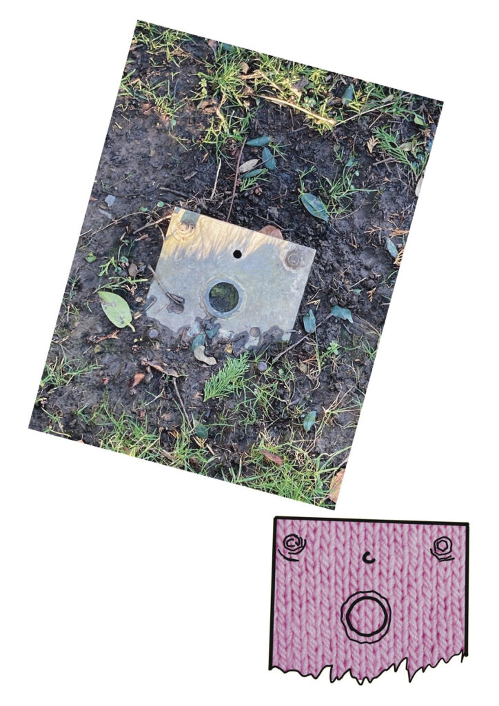 Image shows a photo of a piece of metal found in the ground, the photo is displayed on an angle and looks almost like a face created a sense of pareidolia. Under that the artist has copied the face-like image of the metal and edited it over a pink textile texture.