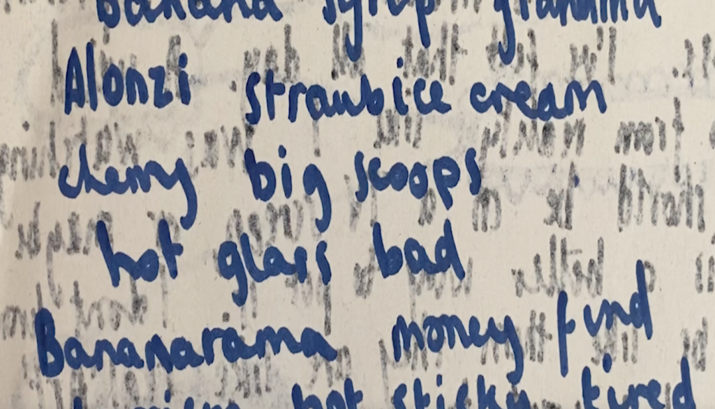 Image shows an image of blue handwriting on newspaper print in chunky blue writing, it reads things like 'Alonzi strawbice cream, chewy big scoops, hot glass bad, bananarama, money fund.' Things have been written in black pen on the other side and it's leaking through.